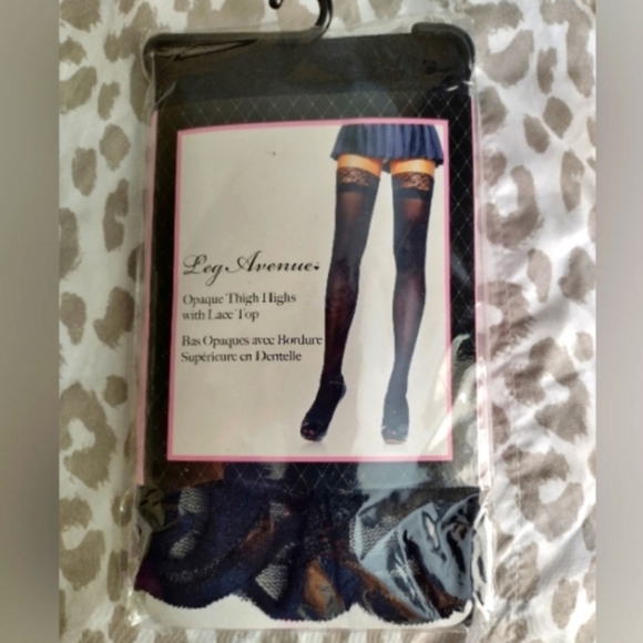 Leg Avenue Opaque Thingh Highs with Lace Top, black. - Picture 2 of 3